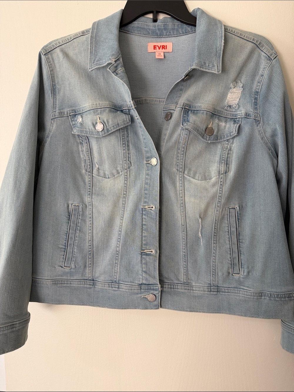 EVRI Pale Blue Distressed Denim Jacket - Women